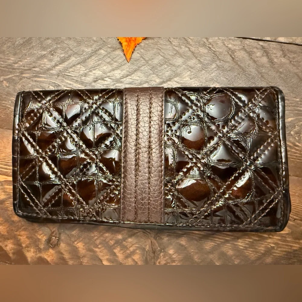 Brighton Brown Woven Leather Wallet Fold Over Organizer Credit Card Clutch nice!